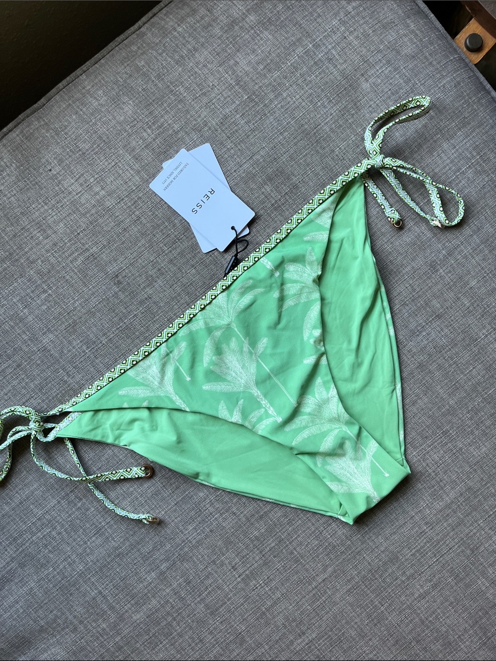 REISS The Palm Tree Print Mint Green Side Tie Bikini Bottoms NWT
